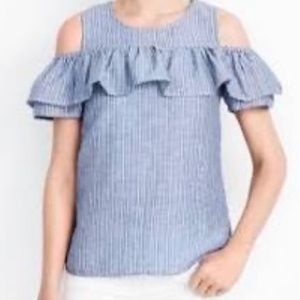 J. Crew Blue Stripe Cold Shoulder Ruffle Tank Top